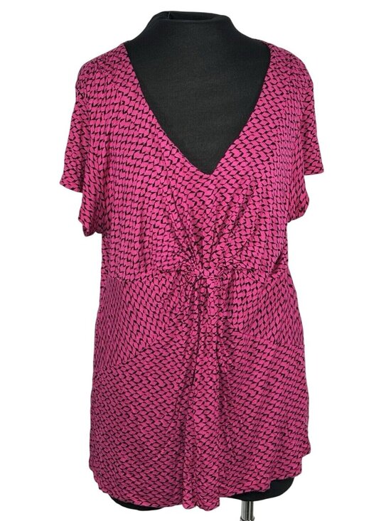 None Tops - Pink & Black Geometric Print Rayon V-Neck Top With Waist Tie XL